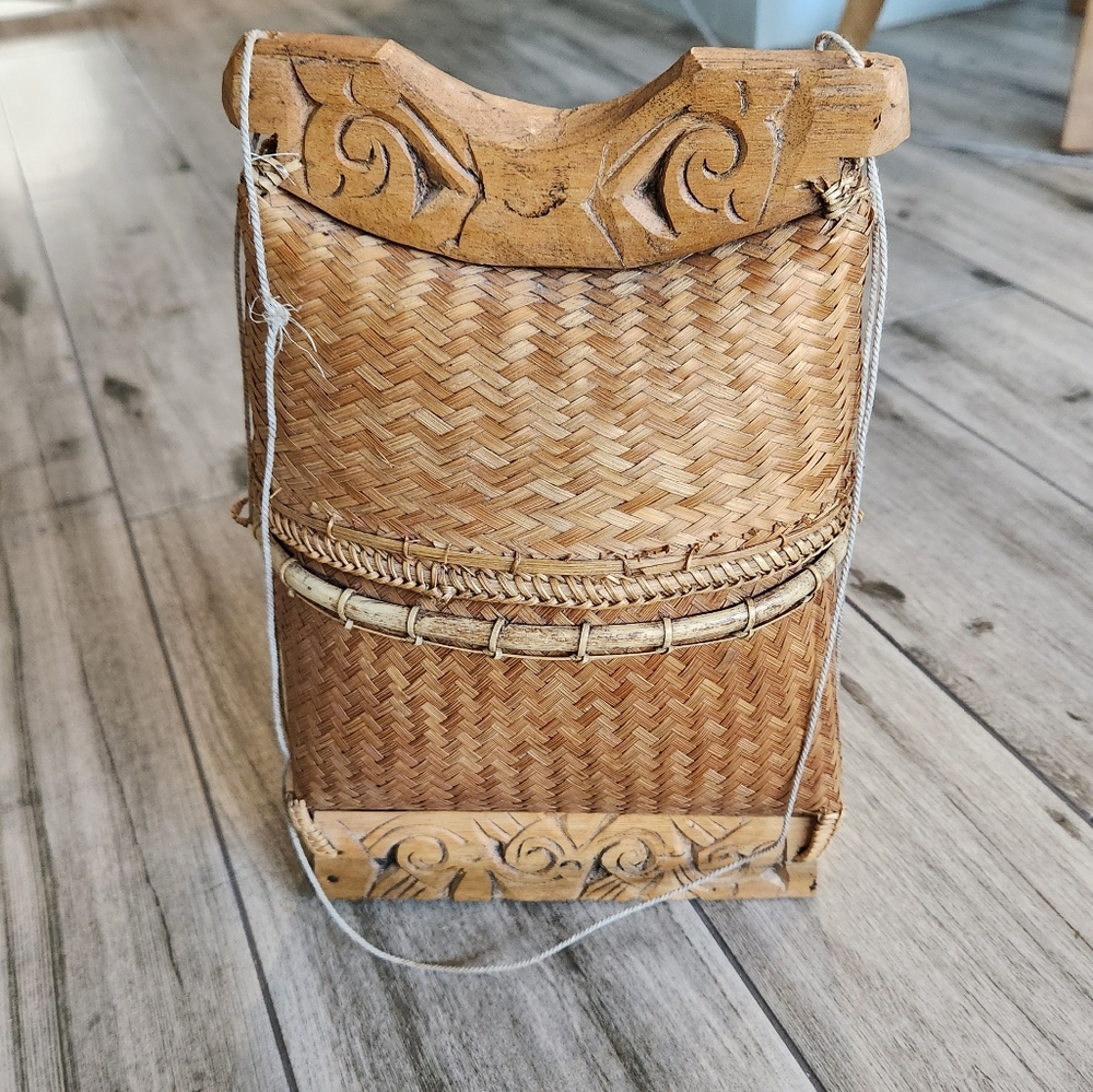 Vintage Rattan Woven Wood Carved Mid Century Thai Tribal Boho Basket Purse